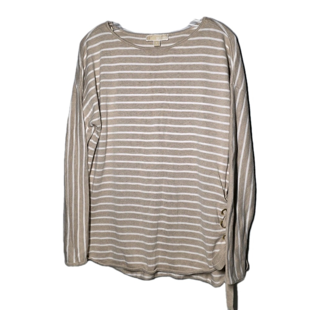 Michael Kors Beige & White Lightweight Sweater Striped Knit Top Size M Tie Side